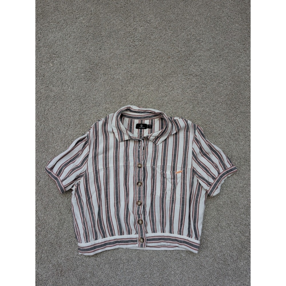 Volcom Striped Crop Button Up Shirt Womens M White Black Rust Short Sleeve Top